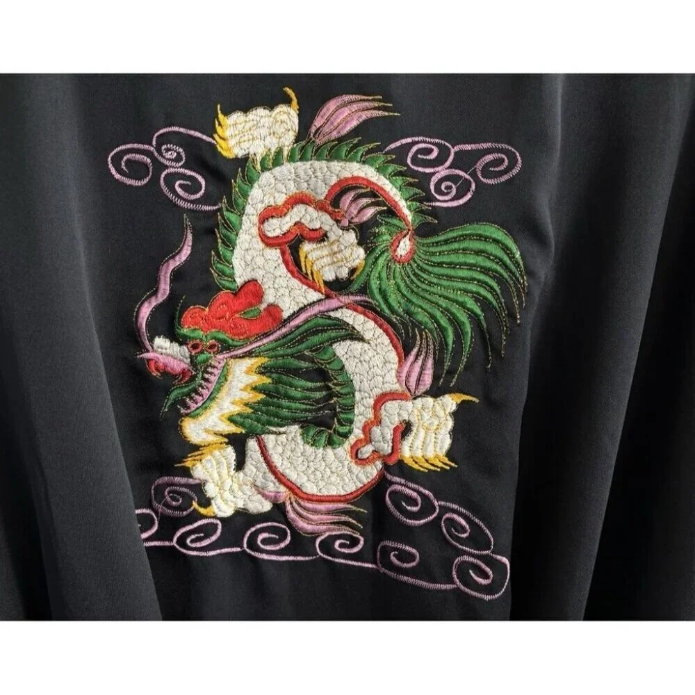 JAPANESE Women Reversible Embroidered Dragon Kimono Robe One SZ Black‎ Pink 65-3